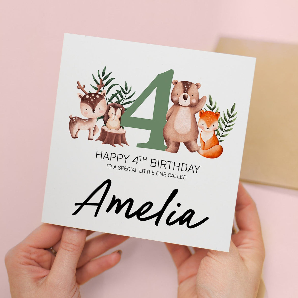 Personalised 4th Birthday Woodland Theme Custom Card For Children Boy Girl