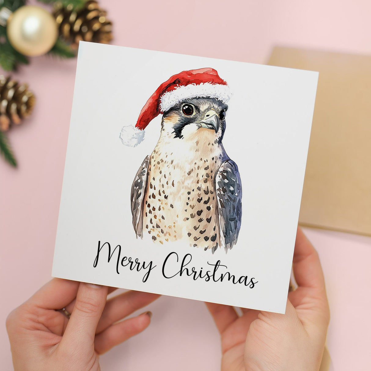Peregrine Falcon Santa Hat Christmas Card Watercolour for Bird Lovers Him Her