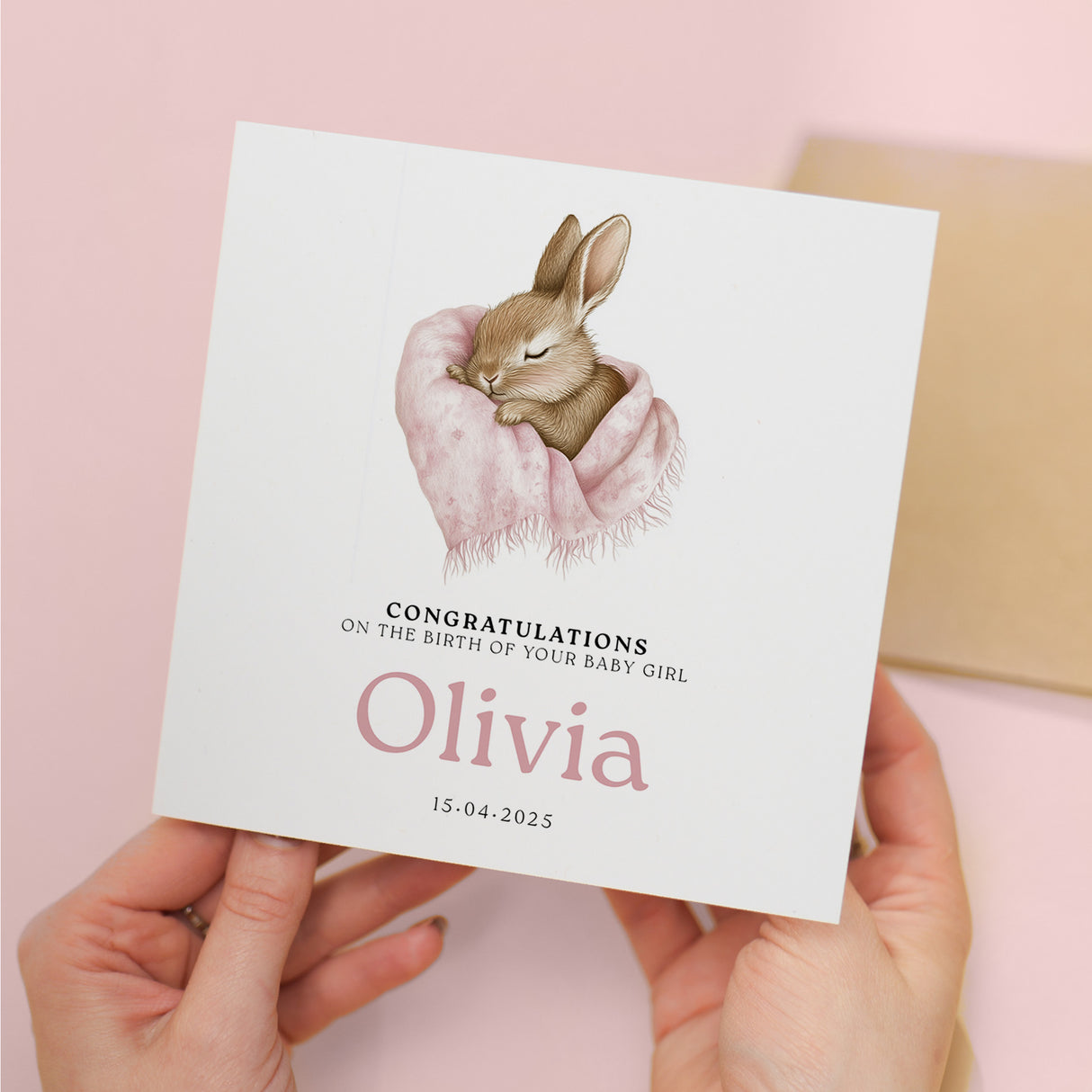Personalised Baby Girl Card – Eco Friendly New Baby Keepsake with Bunny – UK Birth Gift