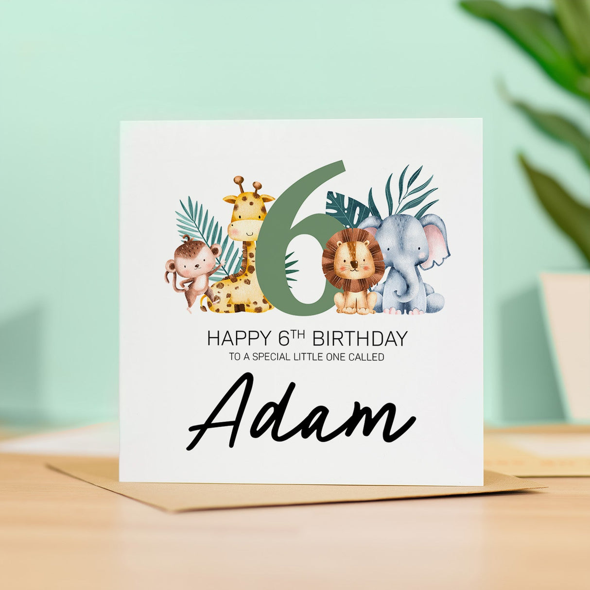 Personalised 6th Birthday Jungle Theme Card for Boy Girl Custom Six Year Card