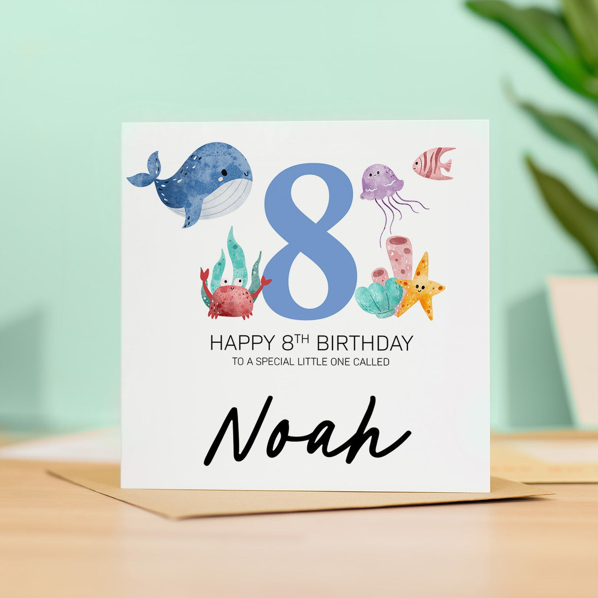 Personalised 8th Birthday Card Sealife Theme for Boy Girl Custom Eighth Year
