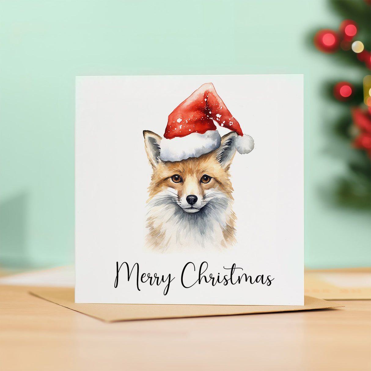Christmas Card Fox Santa Hat Watercolour Animal Lover For Him or Her