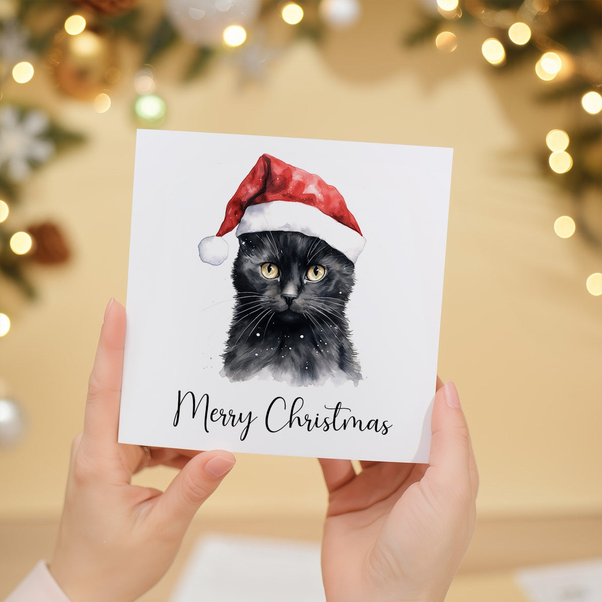 Black Cat Christmas Card Whimsical Watercolour Xmas Card For Cat Lovers