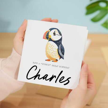 Customisable Kids Birthday Card Cute Puffin Childs Personalised Card