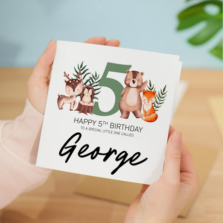 Personalised 5th Birthday Card Woodland Theme For Boy Girl Five Year Custom Card