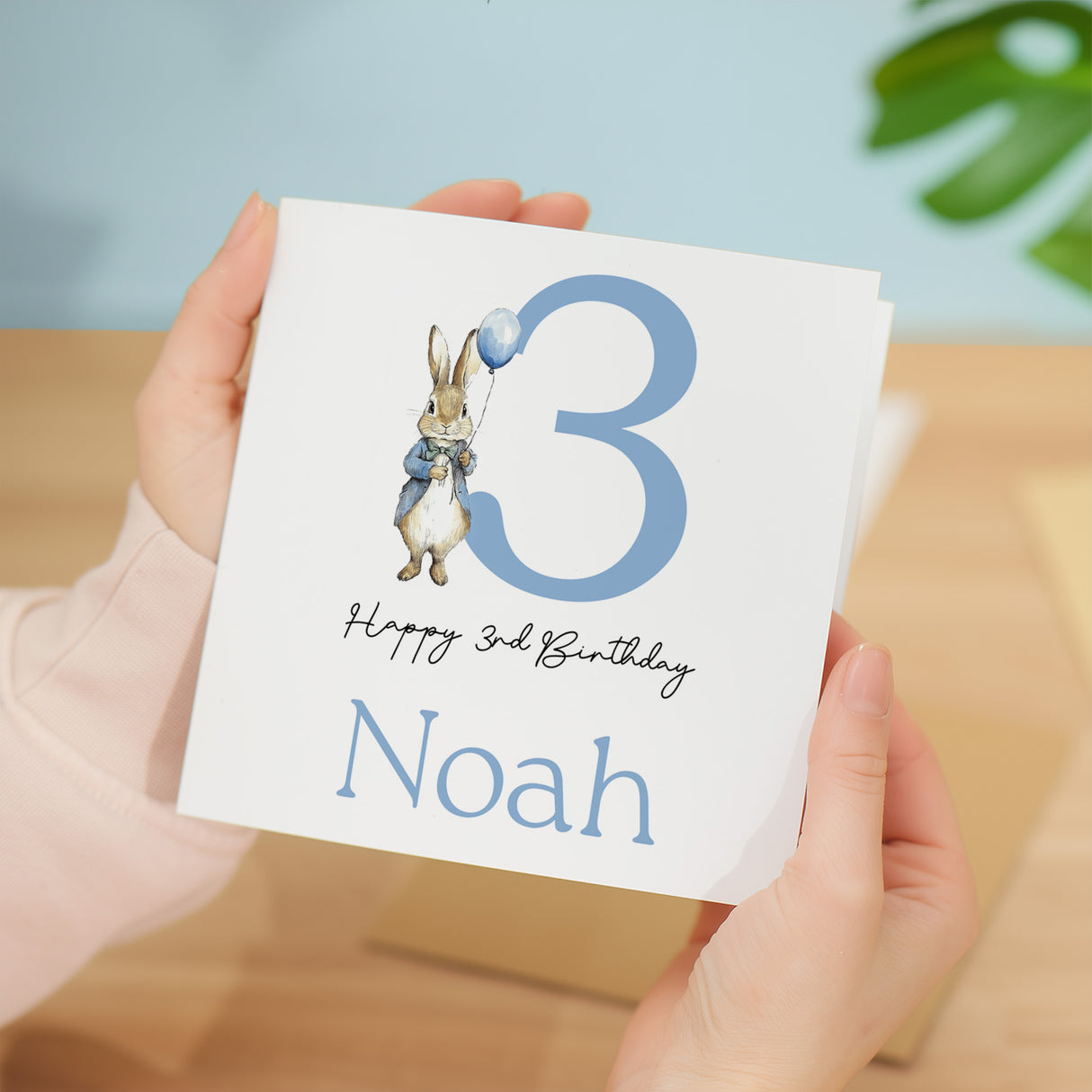 Personalised Boys 3rd Birthday Card For Boy Featuring A Cute Bunny In Blue Custom Third Birthday Gift