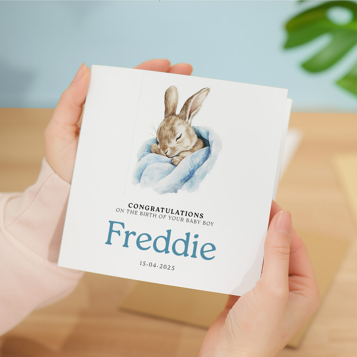 Personalised Baby Boy Card – Eco Friendly New Baby Keepsake with Bunny