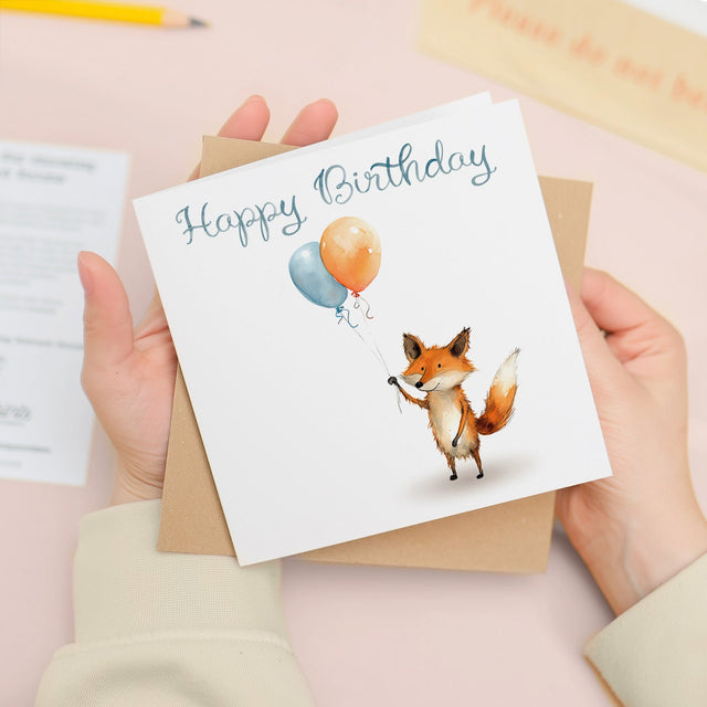 Kids Birthday Card Cute Fox Balloons For Boy Girl Birthday Card For Him or Her