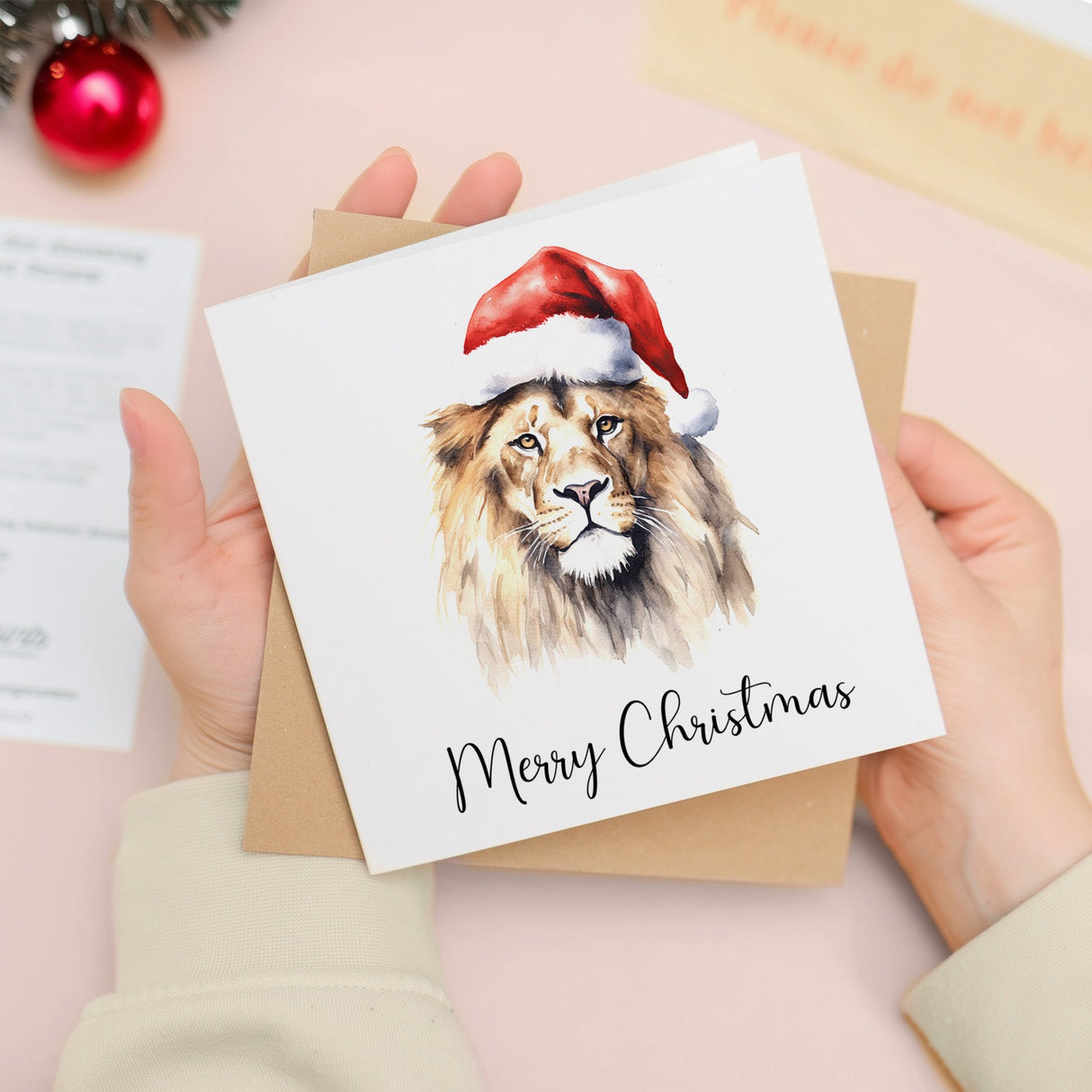 Lion Santa Hat Christmas Card Whimsical Watercolour Animal Lover Card For All