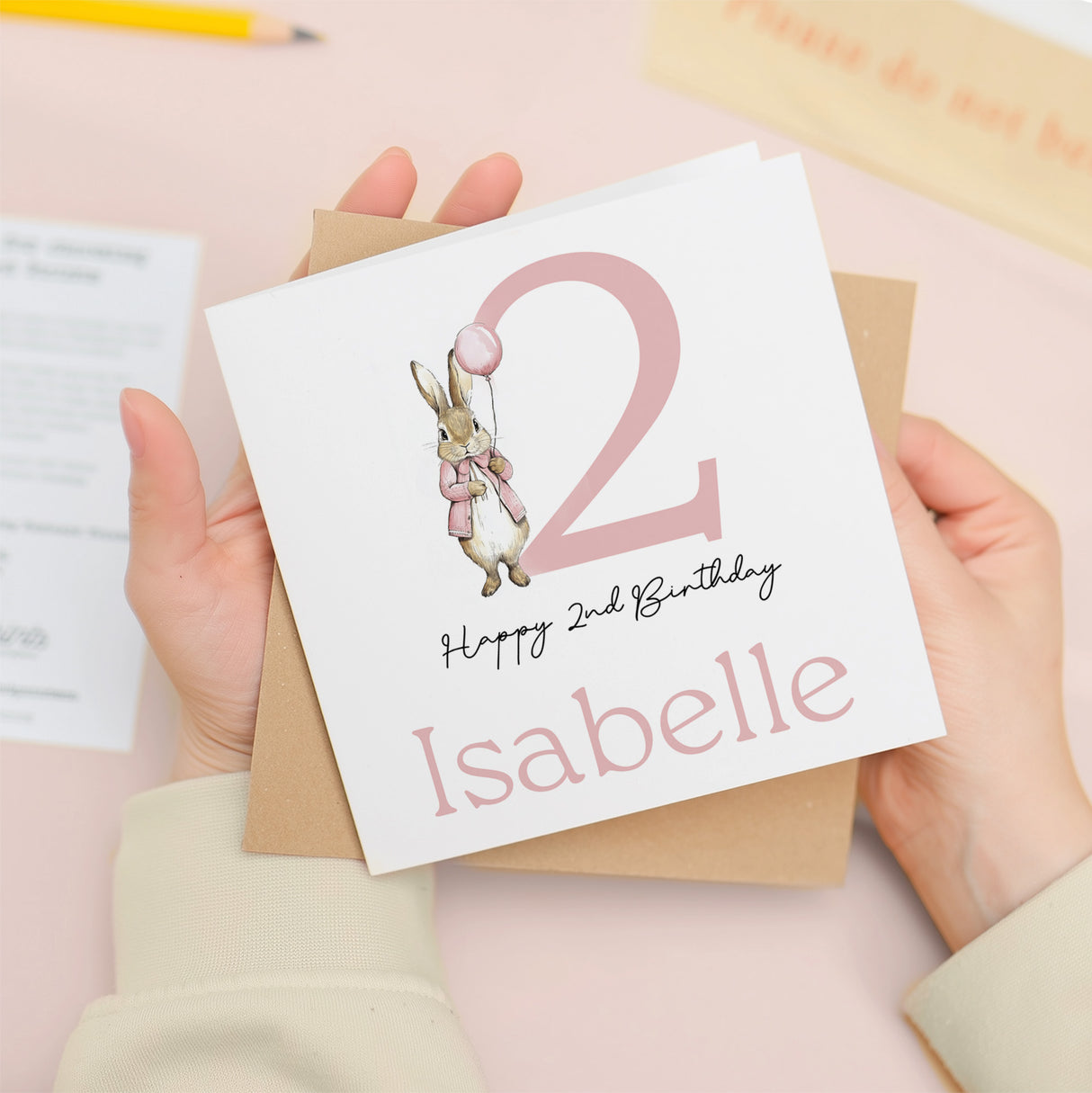 Personalised Girls 2nd Birthday Card For Girl Featuring A Cute Bunny In Pink Custom Second Birthday Gift