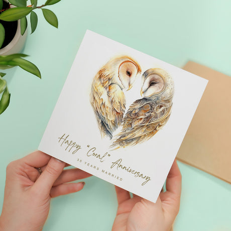 35th Anniversary Card Coral Owl For Husband Wife Thirty Five Year Celebration