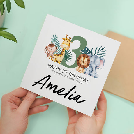 Personalised 3rd Birthday Card for Kids Jungle Theme Boy Girl Three Years Custom