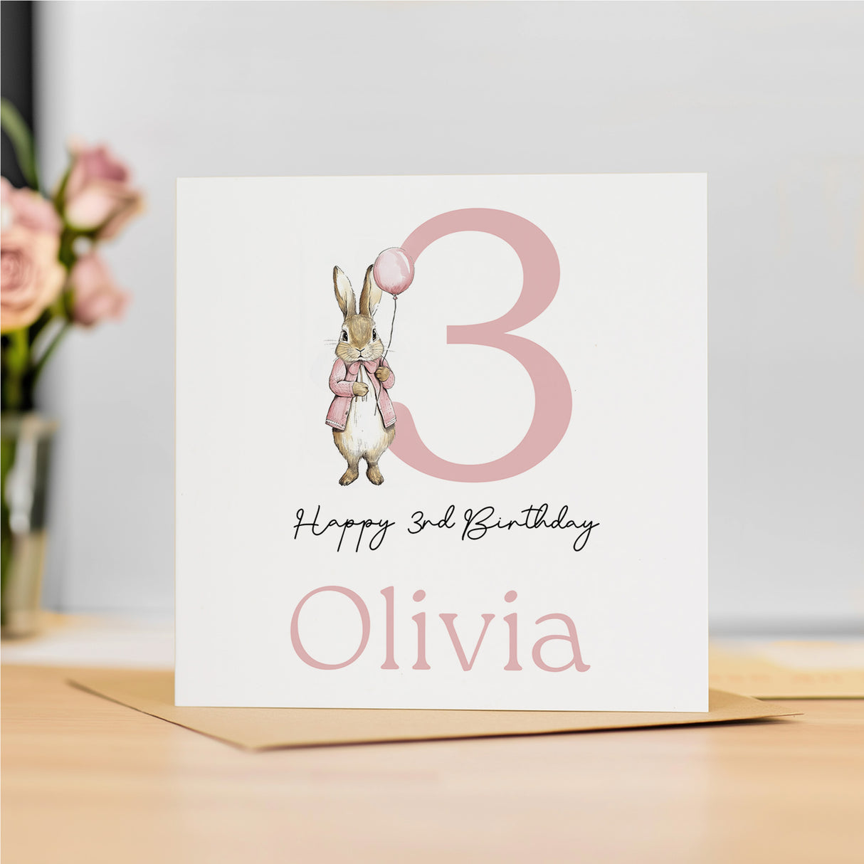 Personalised Girls 3rd Birthday Card For Girl Featuring A Cute Bunny In Pink Custom Third Birthday Gift