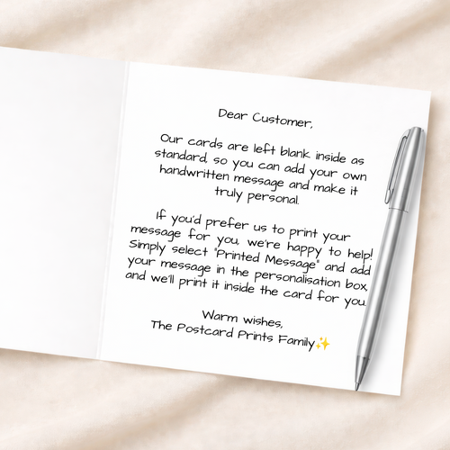 6x6 greeting card printed message option information
