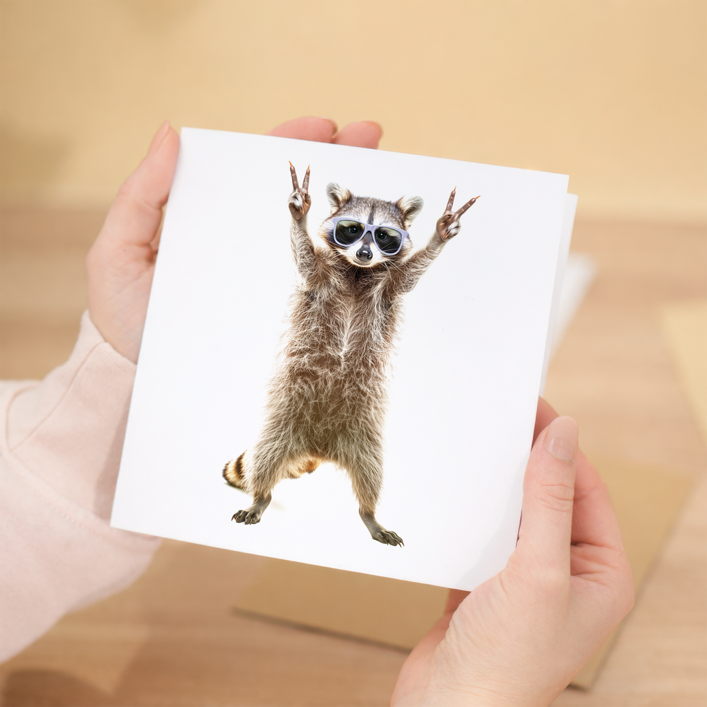 Fun Raccoon Birthday Card Wearing Sunglasses, Eco-Friendly Material, For Him or Her