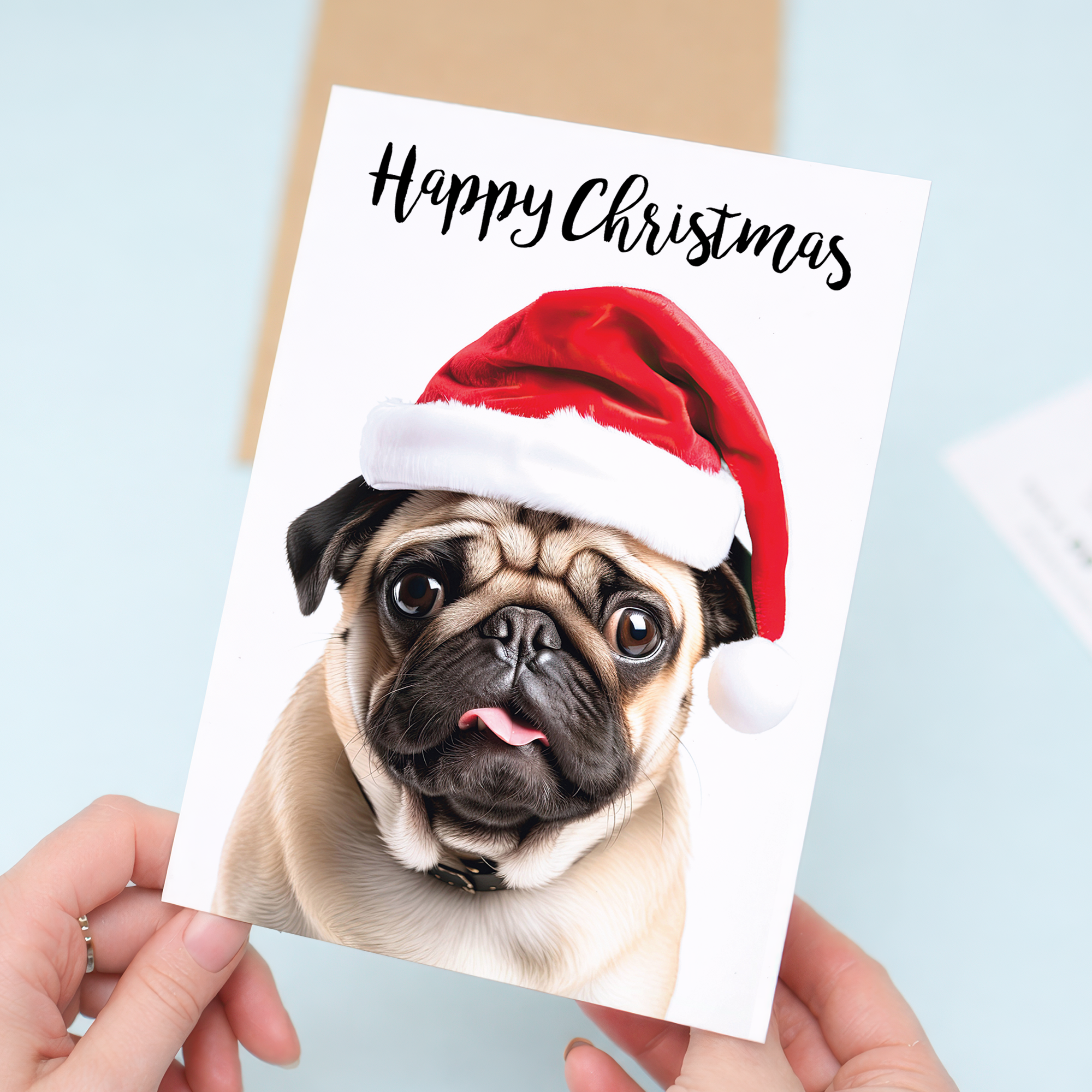 Festive Pug Dog Christmas Card, Eco-Friendly Material, For Him or Her, Friend or Relative