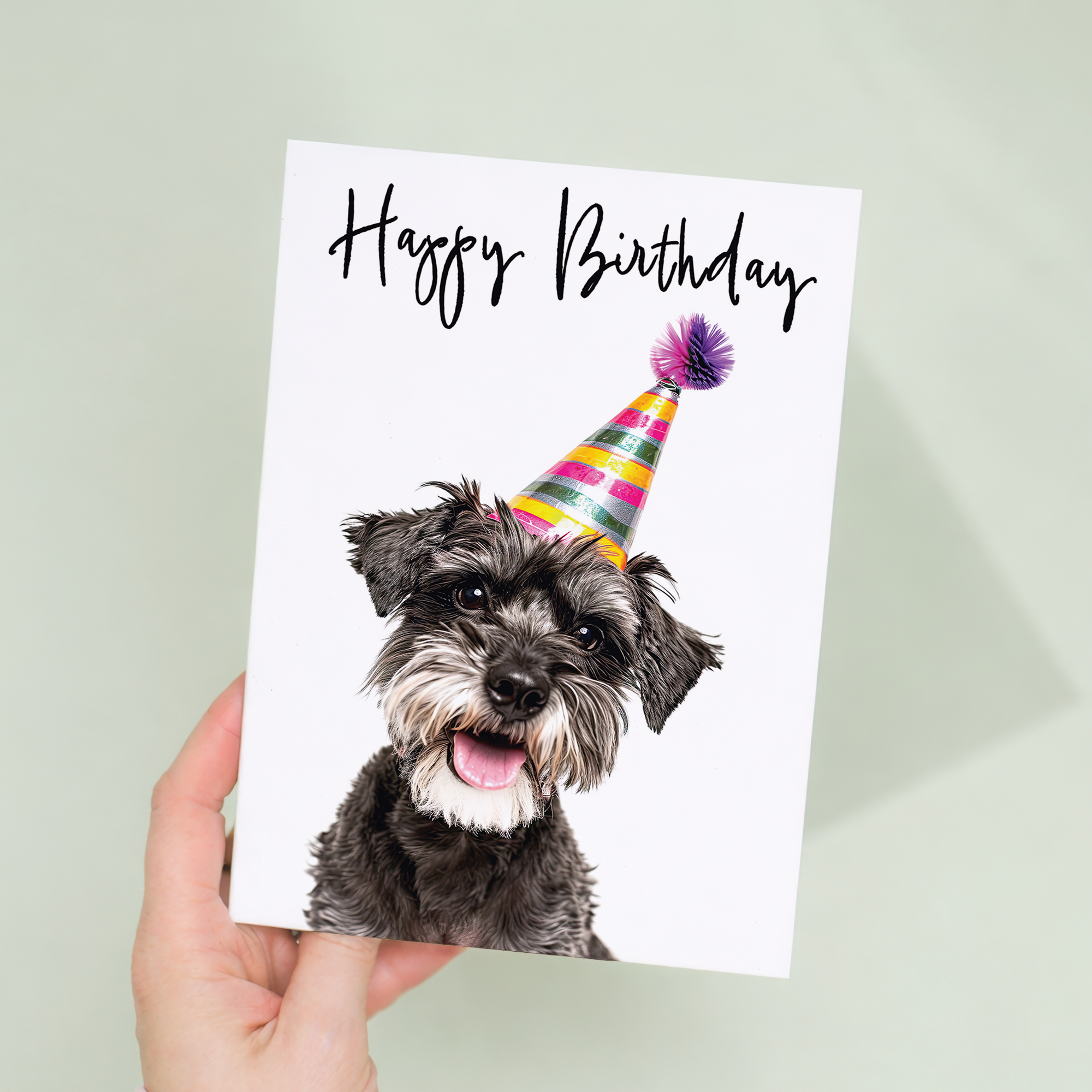 Cheerful Schnauzer Dog Greeting Card with Modern Realistic Illustration and Eco-Friendly Material