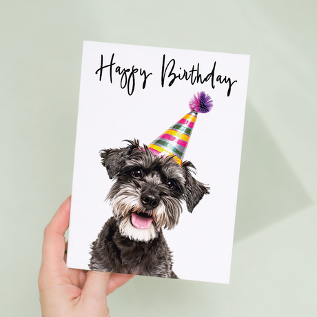 Cheerful Schnauzer Dog Greeting Card with Modern Realistic Illustration and Eco-Friendly Material