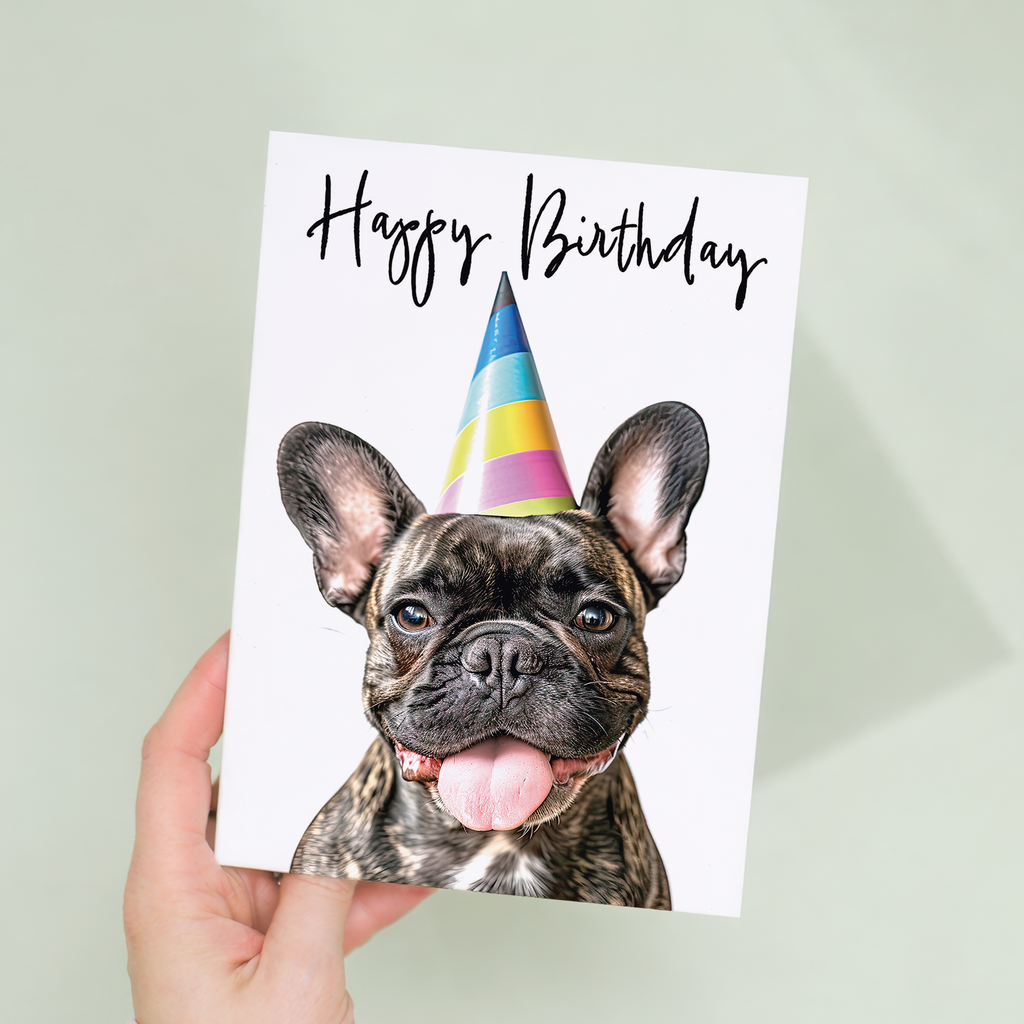 Adorable French Bulldog Birthday Card with Colorful Balloons, Eco-Friendly Material, For Him or Her