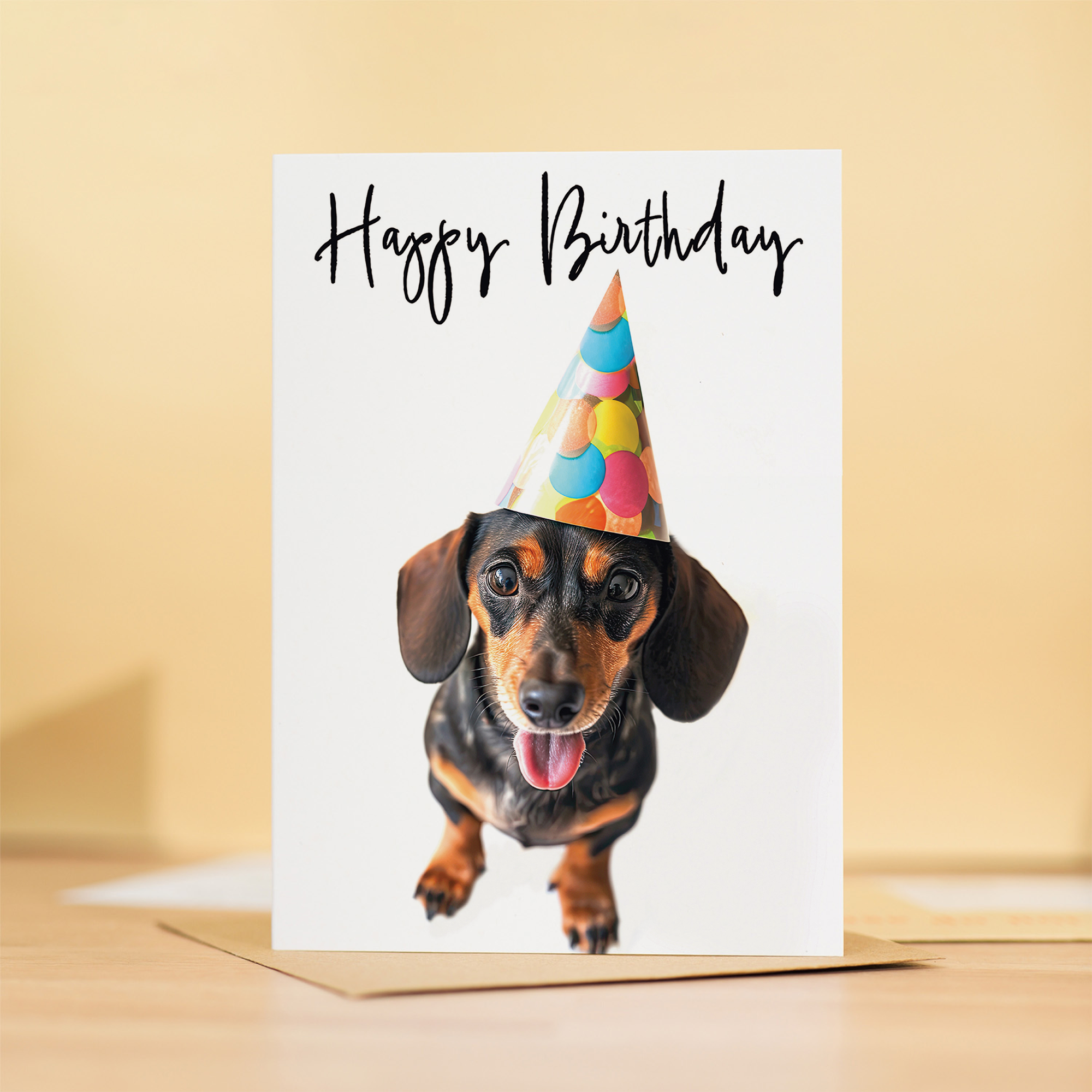 Dachshund Birthday Card with Colorful Balloons, Eco-Friendly Material, For Him or Her