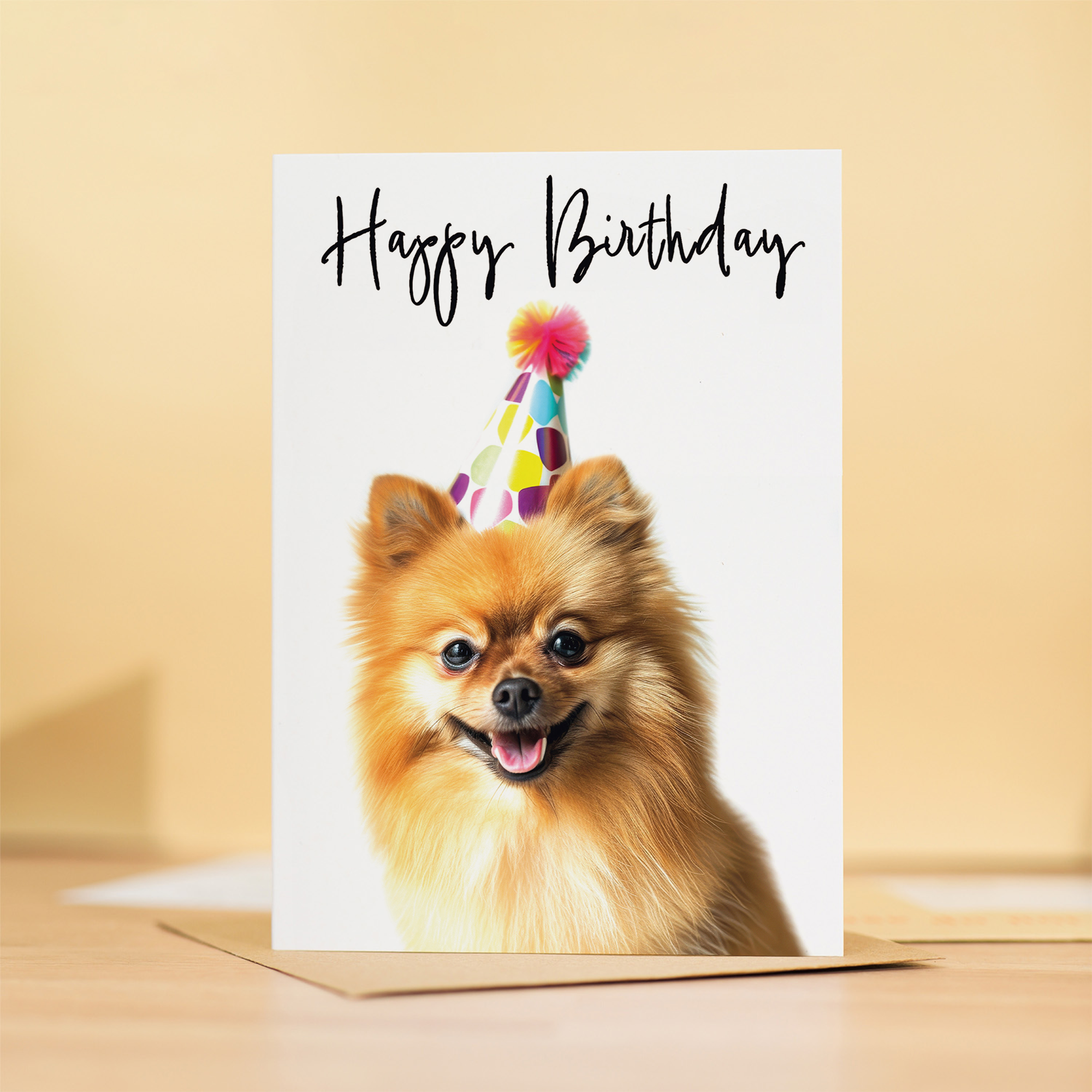 Adorable Pomeranian Dog Birthday Card with Colorful Balloons, Eco-Friendly Material, For Him or Her
