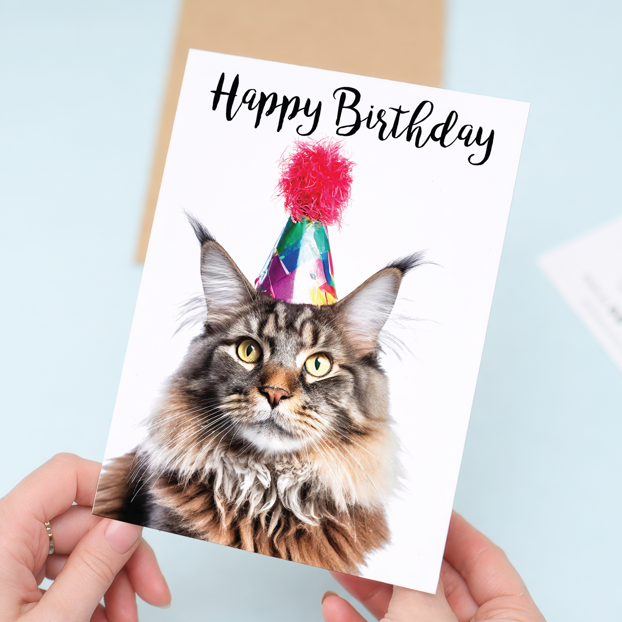 Charming Maine Coon Cat Birthday Card with Eco-Friendly Kraft Envelope, For Him or Her