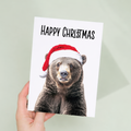 Whimsical Christmas Card of a Bear Wearing a Santa Hat, Eco-Friendly Material, For Him or Her