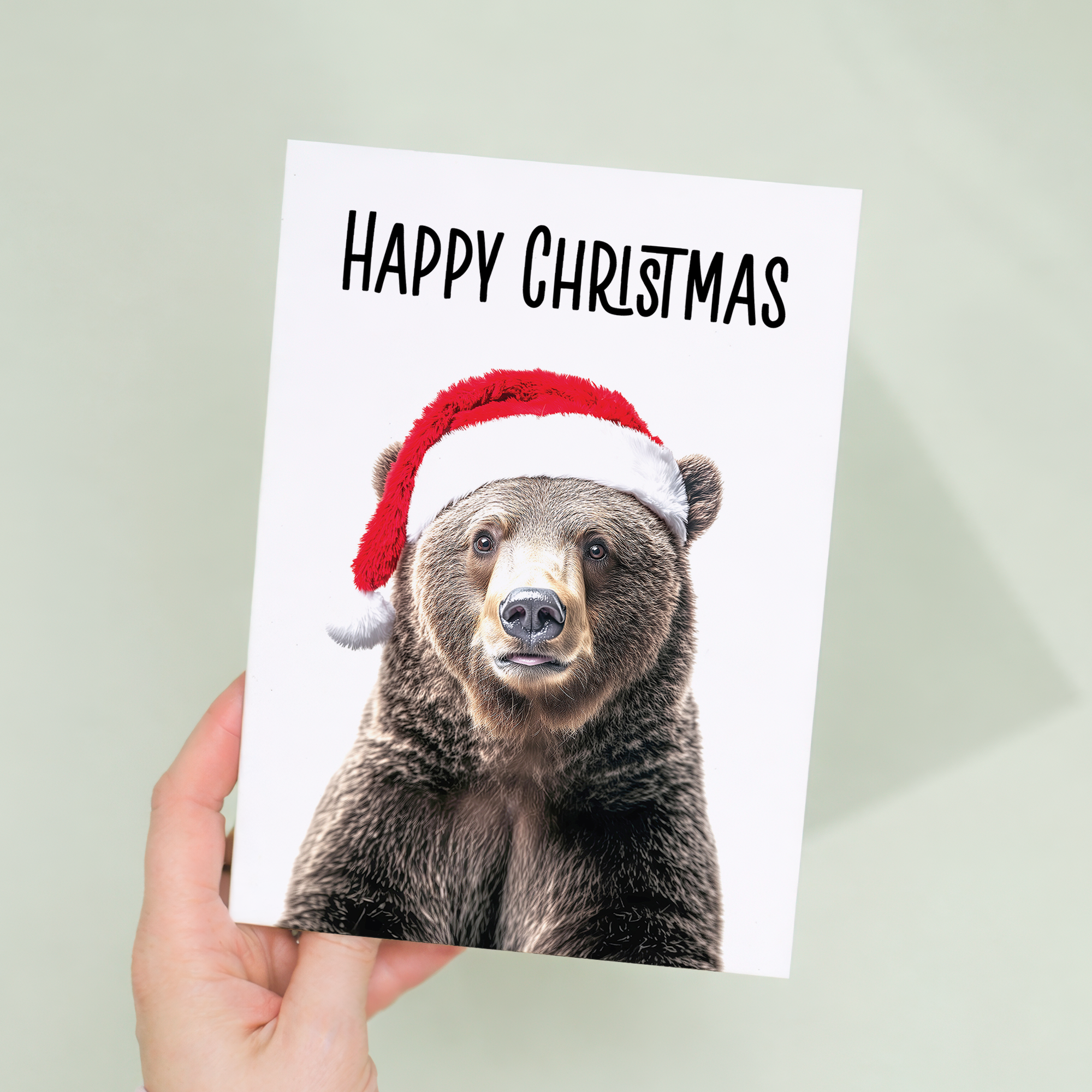 Whimsical Christmas Card of a Bear Wearing a Santa Hat, Eco-Friendly Material, For Him or Her