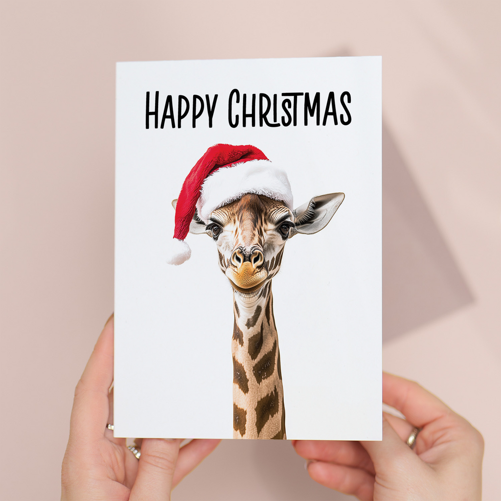 Whimsical Giraffe Christmas Card Wearing a Santa Hat, Eco-Friendly Material, For Him or Her