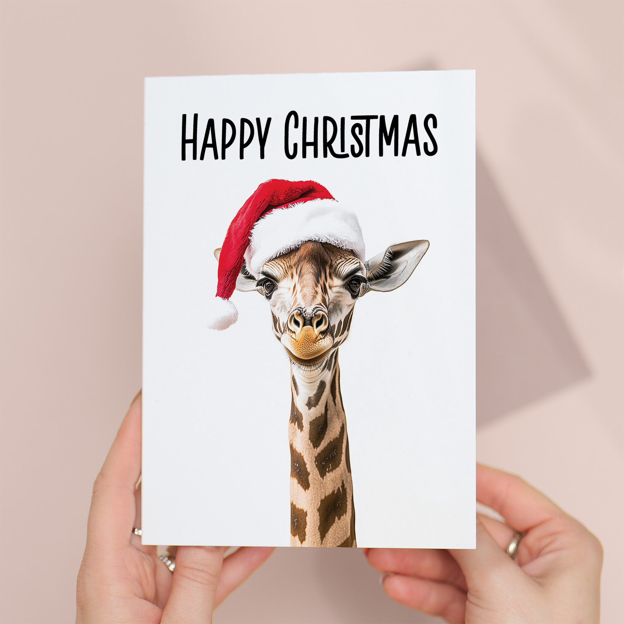 Whimsical Giraffe Christmas Card Wearing a Santa Hat, Eco-Friendly Material, For Him or Her