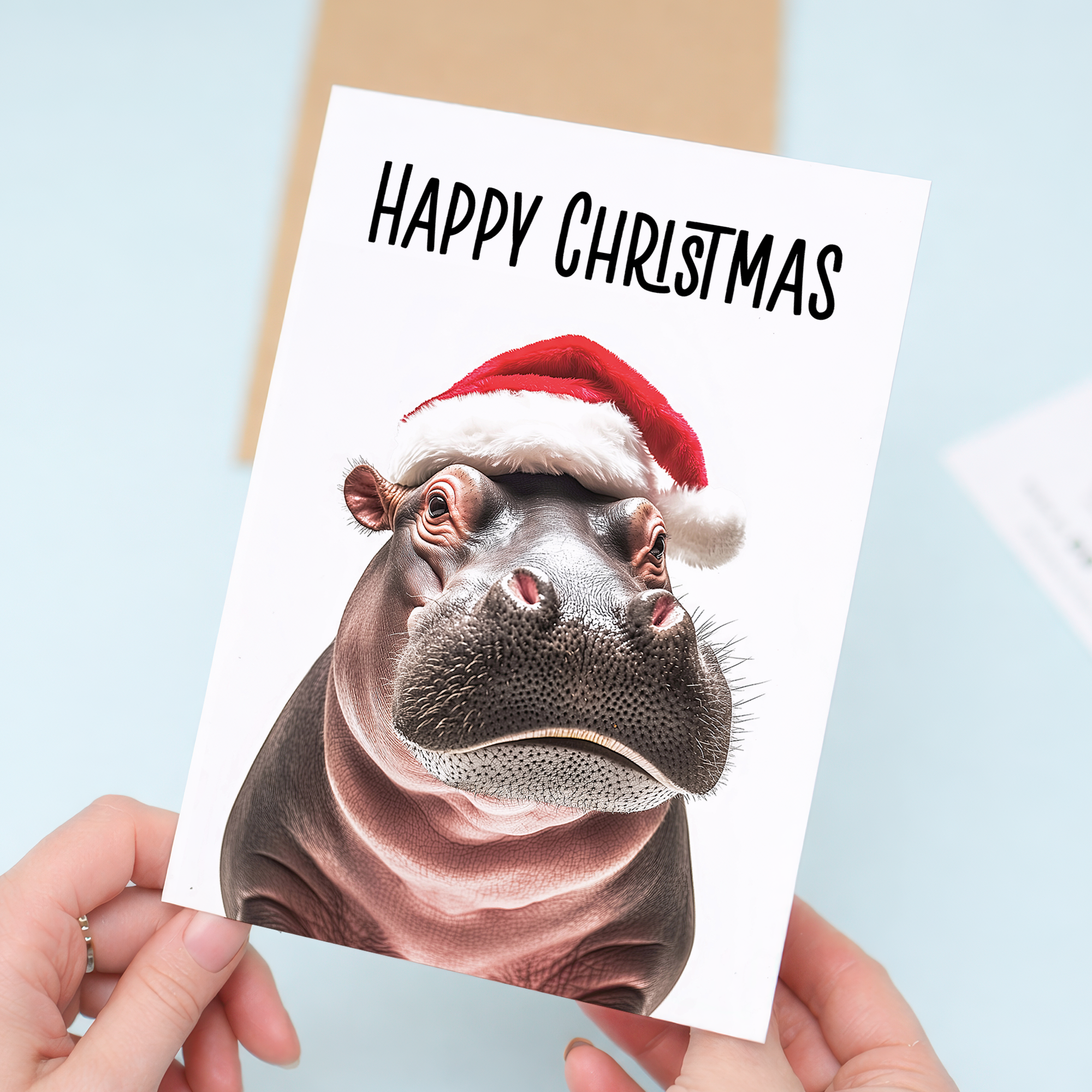 Whimsical Christmas Card of a Hippo Wearing a Santa Hat, Eco-Friendly Material, For Him or Her