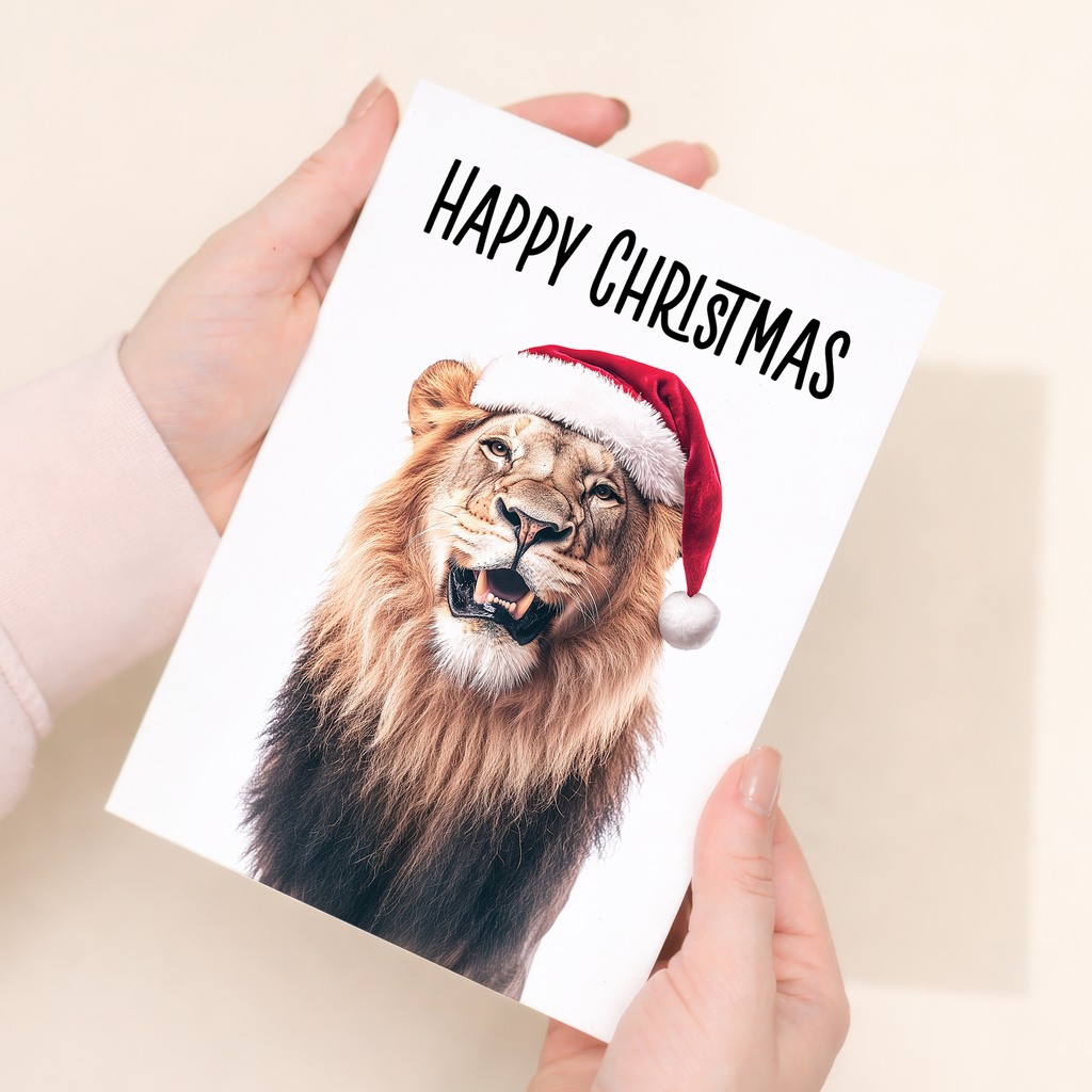 Whimsical Lion Wearing a Santa Hat Christmas Card, Eco-Friendly Material, For Him or Her