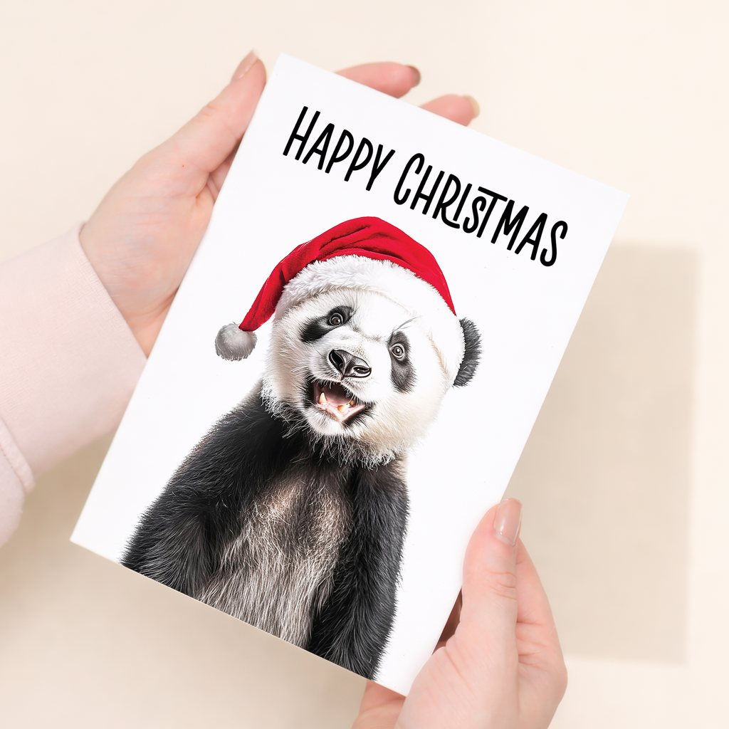 Whimsical Panda Christmas Card Wearing Santa Hat, Eco-Friendly Material, For Him or Her