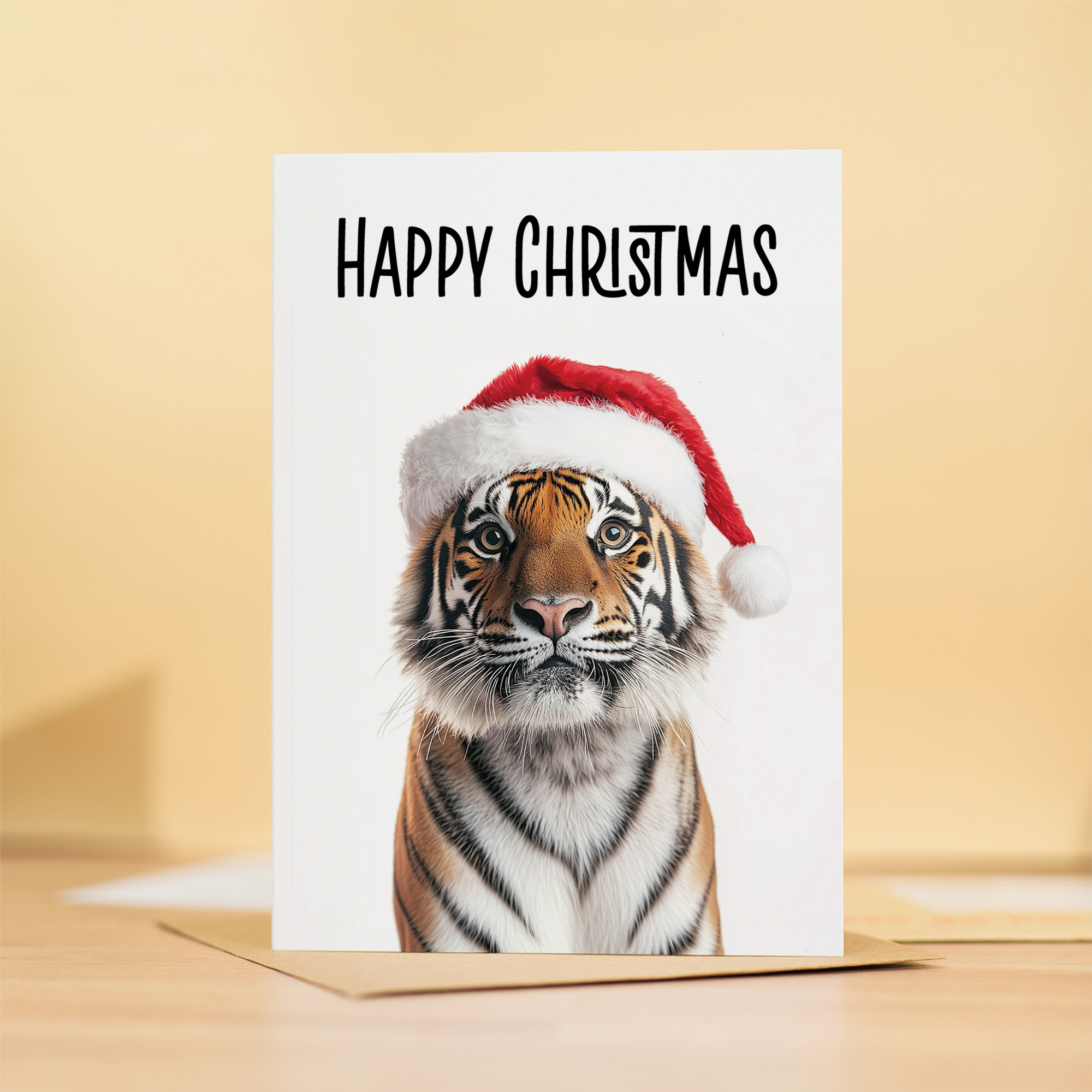 Whimsical Christmas Card Featuring a Tiger Wearing a Santa Hat, Eco-Friendly Material, For Him or Her