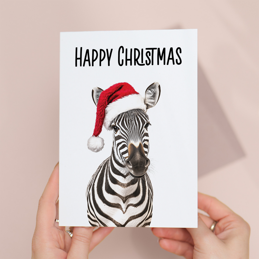 Whimsical Zebra Wearing a Santa Hat Christmas Card, Eco-Friendly Material, For Him or Her