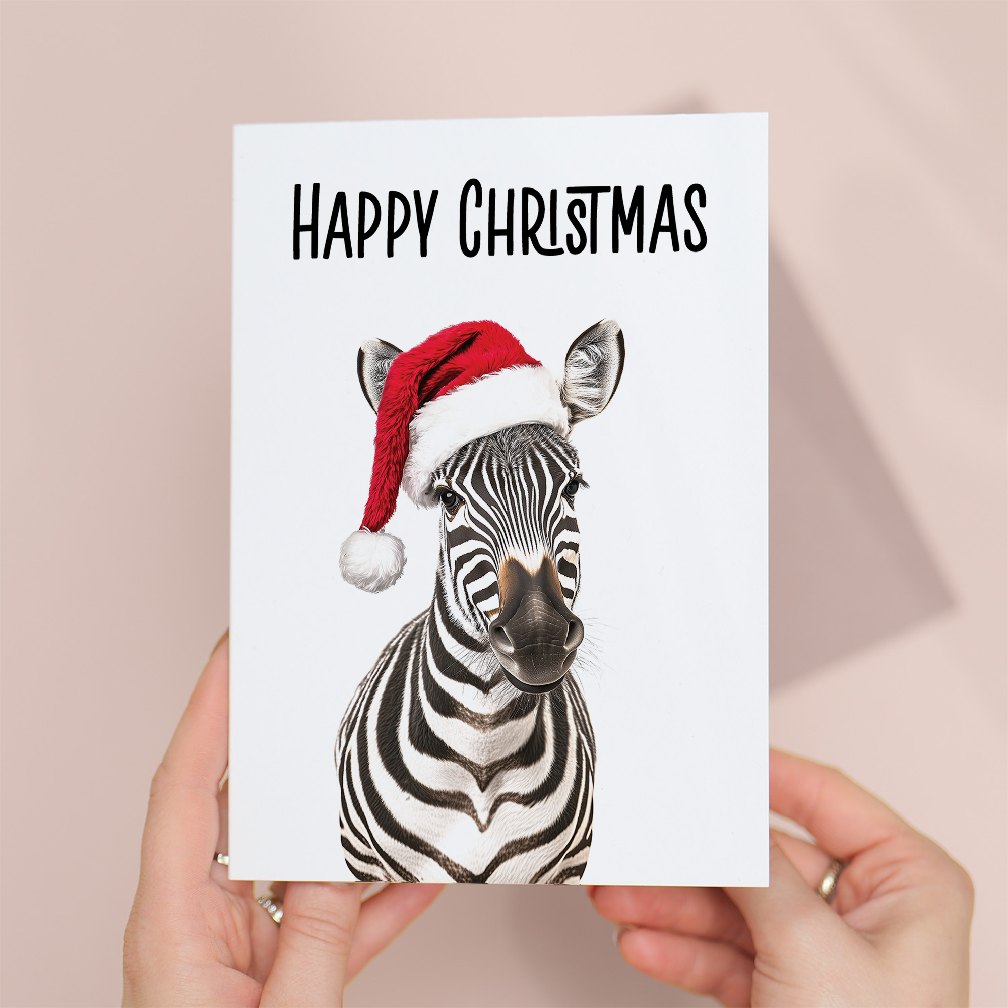 Whimsical Zebra Wearing a Santa Hat Christmas Card, Eco-Friendly Material, For Him or Her