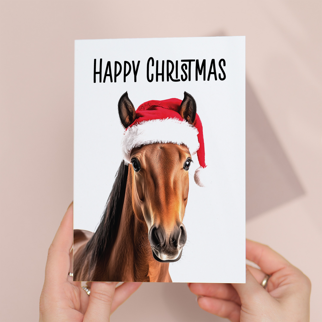 Whimsical Christmas Horse Card with Santa Hat, Eco-Friendly Material, For Him or Her