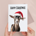 Whimsical Christmas Card of a Goat Wearing a Santa Hat, Eco-Friendly Material, For Him or Her
