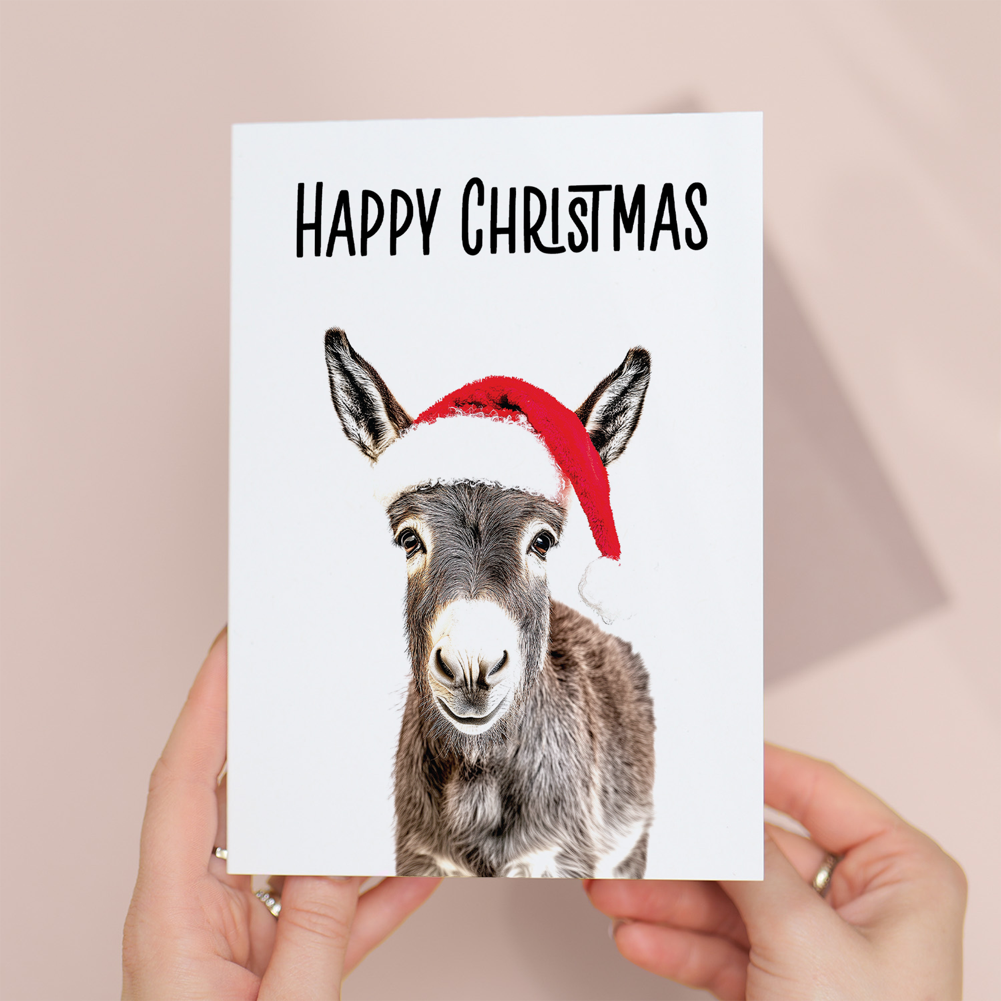 Fun Christmas Card of a Donkey Wearing A Santa Hat Whimsical Christmas Card For Animal Lover For Him or Her