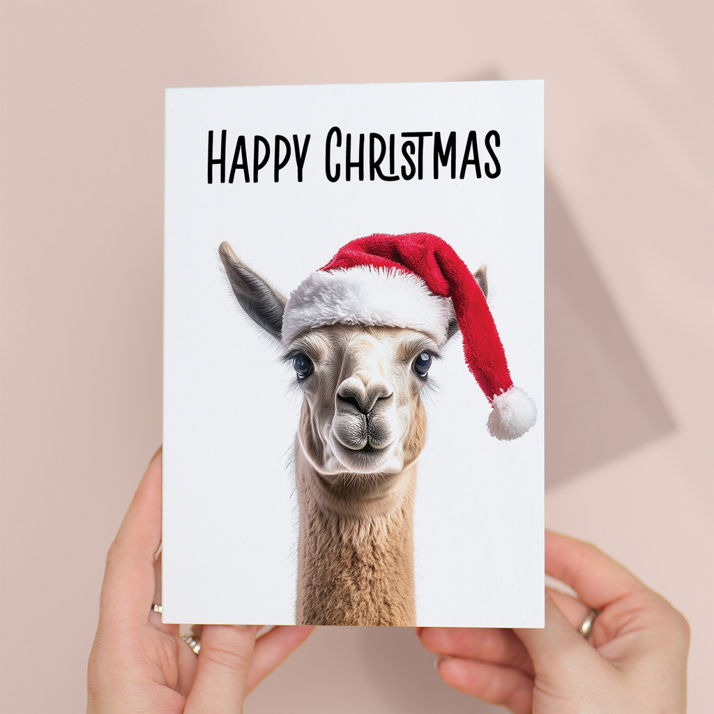 Whimsical Llama Wearing a Santa Hat Christmas Card, Eco-Friendly Material, For Him or Her