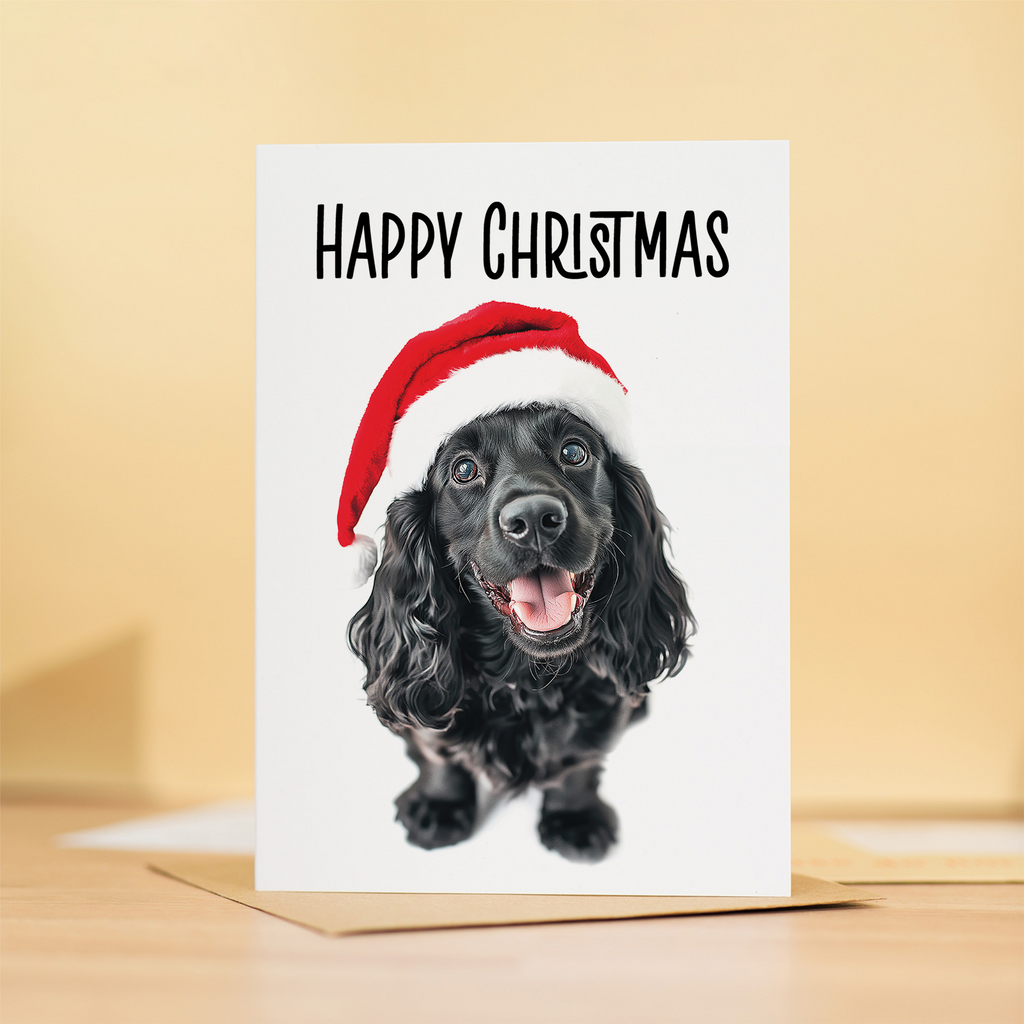 Fun Christmas Card of a Black Cocker Spaniel Dog Wearing A Santa Hat Whimsical Christmas Card For Animal Lover For Him or Her