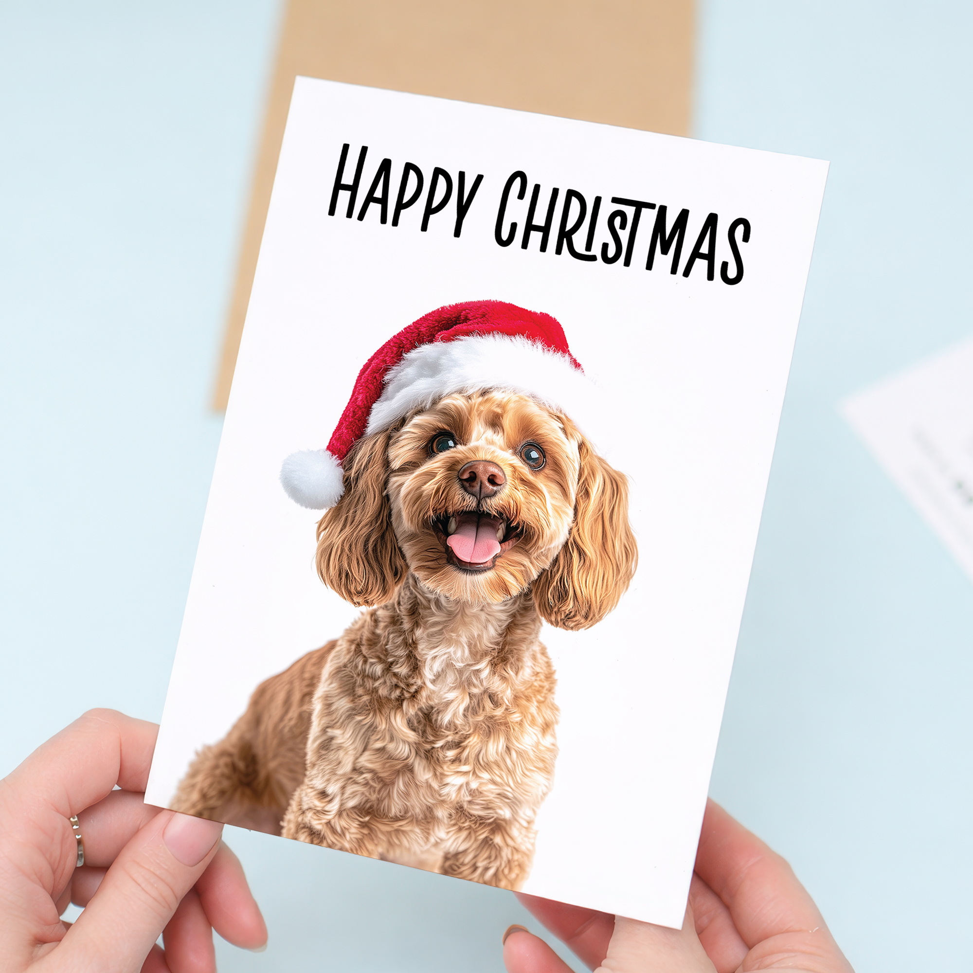 Whimsical Cockerpoo Dog Christmas Card Wearing a Santa Hat, Eco-Friendly Material, For Him or Her