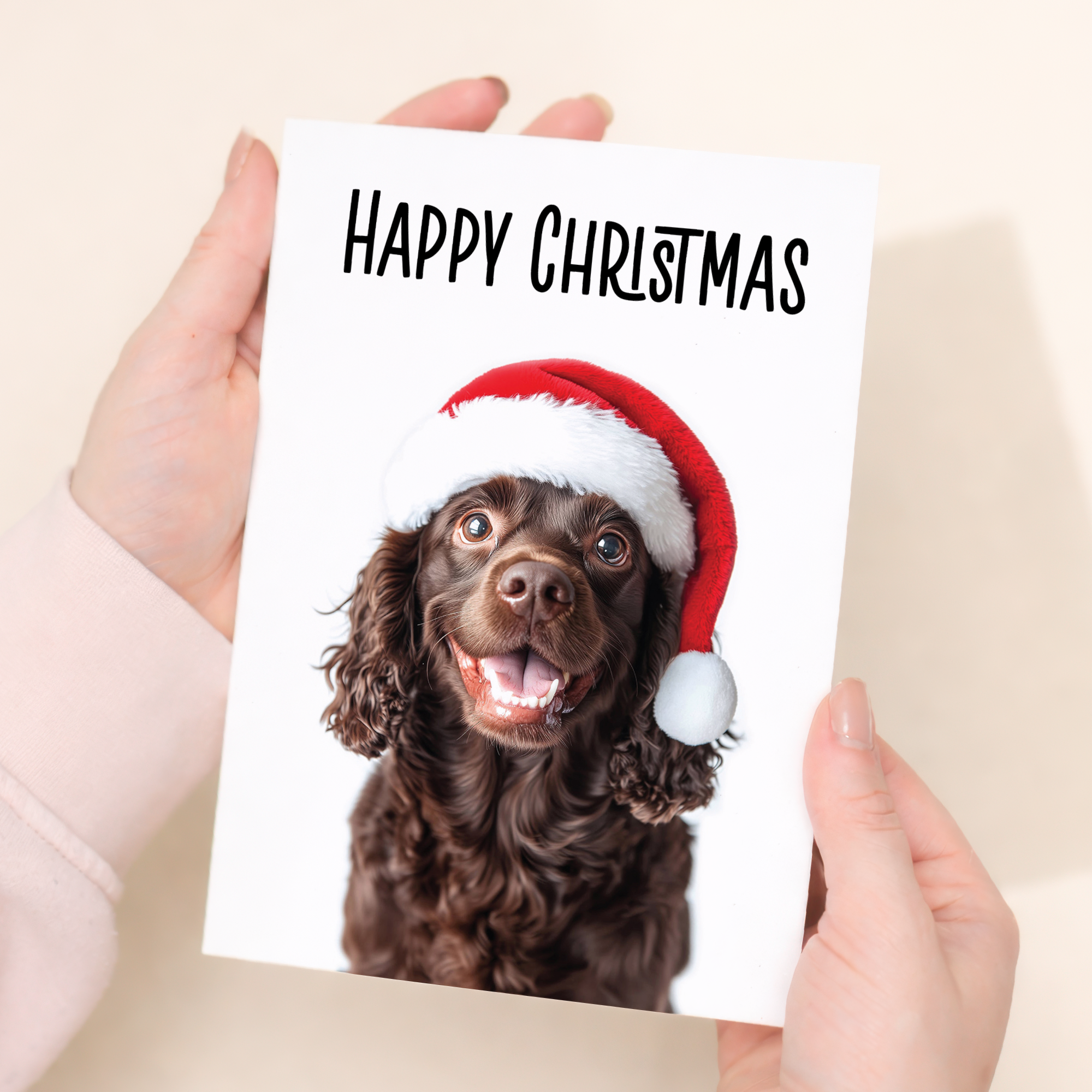 Fun Christmas Card of a Chocolate Cocker Spaniel Dog Wearing A Santa Hat Whimsical Christmas Card For Animal Lover For Him or Her