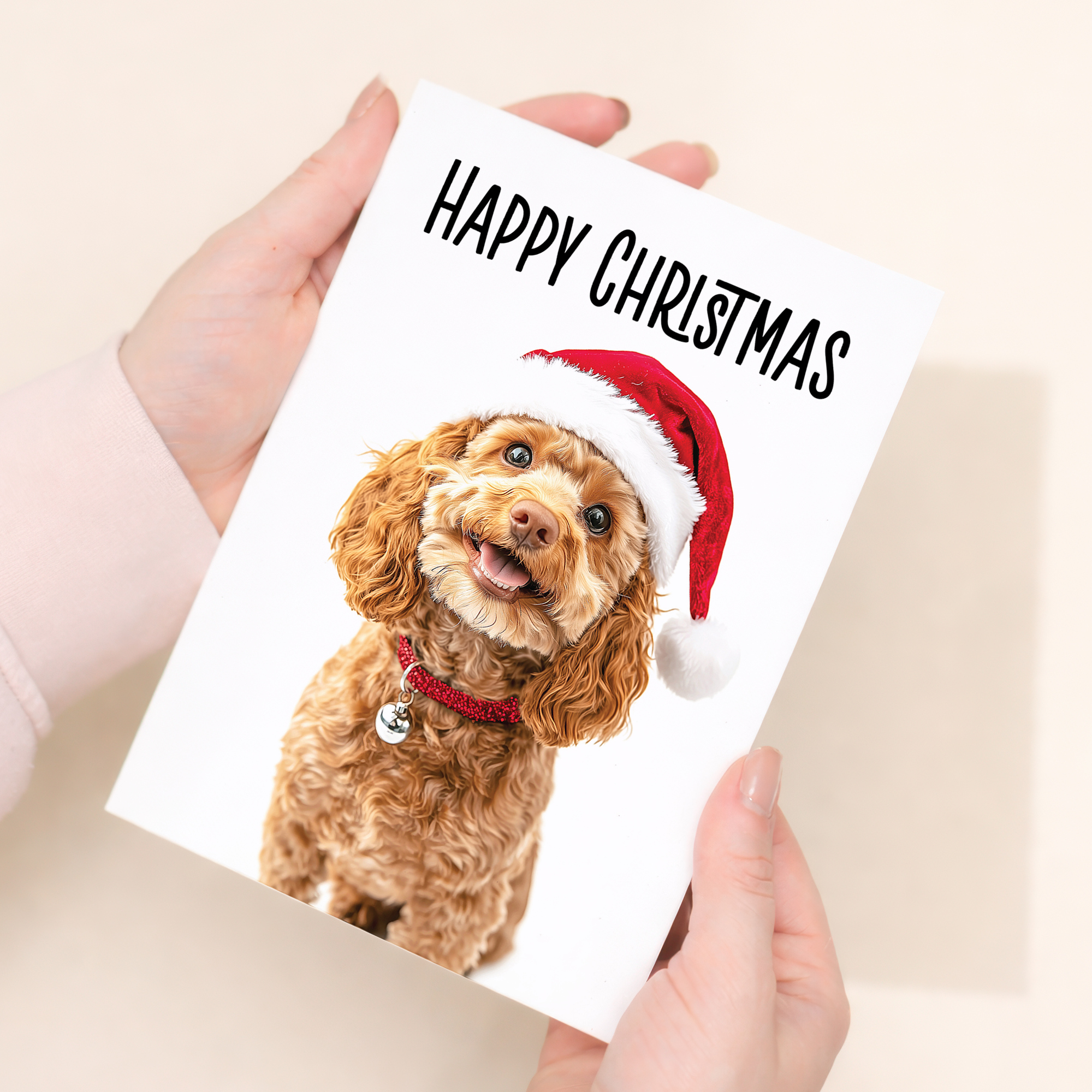 Whimsical Christmas Card of a Cavapoo Dog Wearing a Santa Hat, Eco-Friendly Material, For Him or Her
