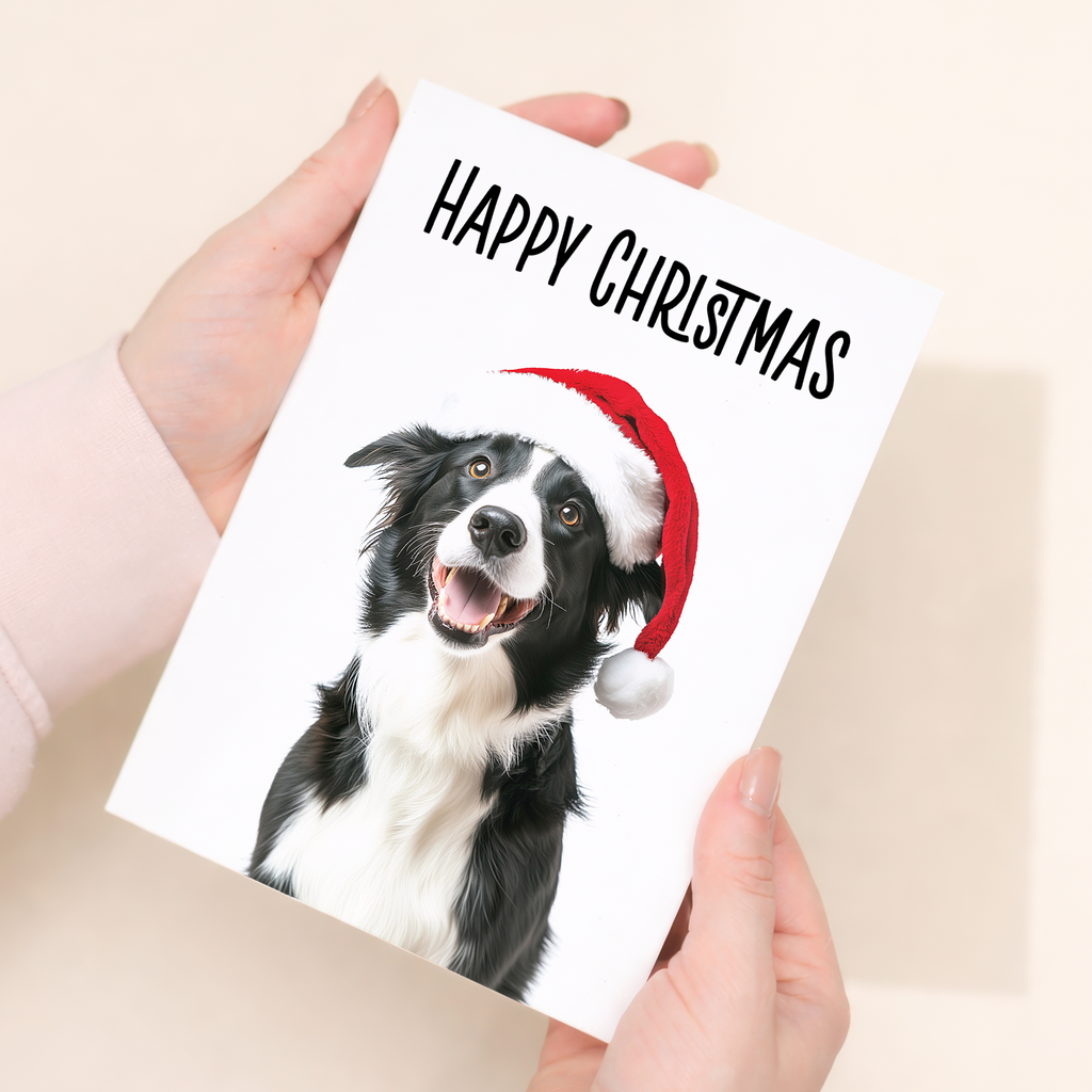 Whimsical Christmas Card featuring a Collie Dog Wearing a Santa Hat, Eco-Friendly Material, For Him or Her
