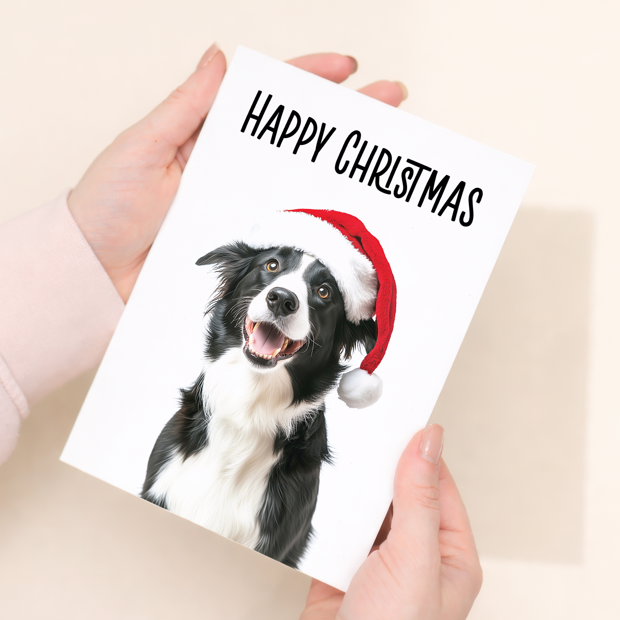 Whimsical Christmas Card featuring a Collie Dog Wearing a Santa Hat, Eco-Friendly Material, For Him or Her