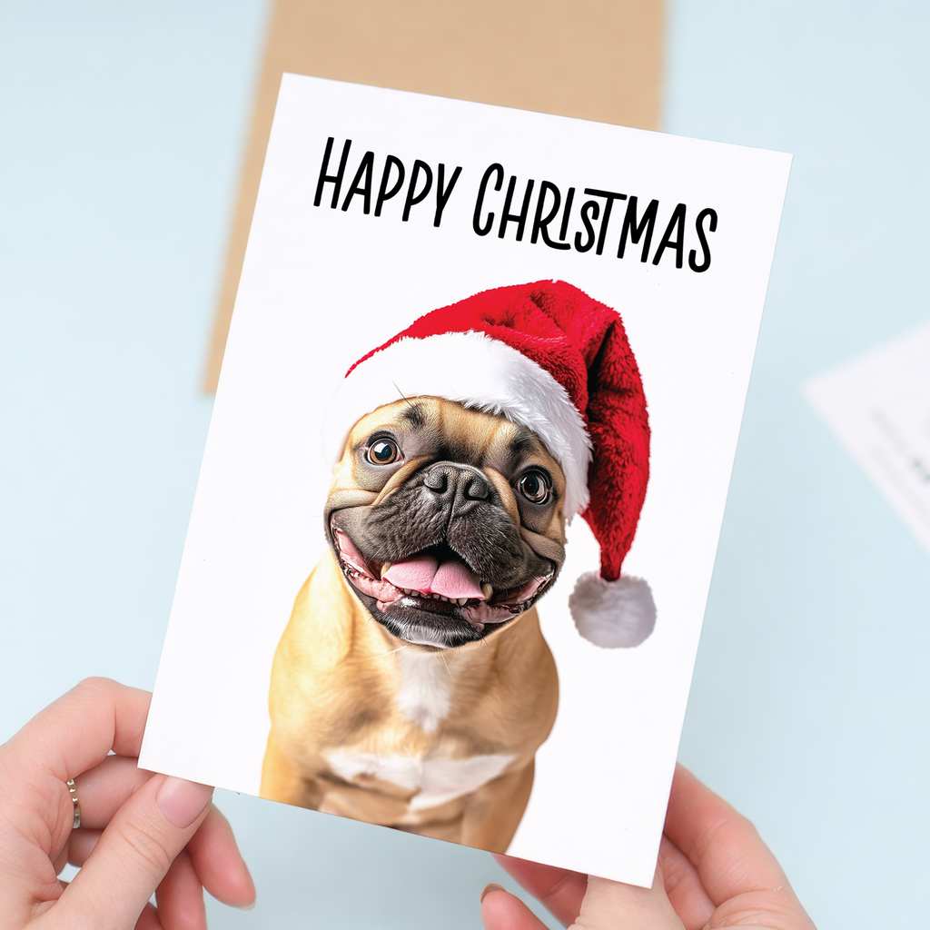 Whimsical French Bulldog Christmas Card wearing a Santa Hat, Eco-Friendly Material, For Him or Her