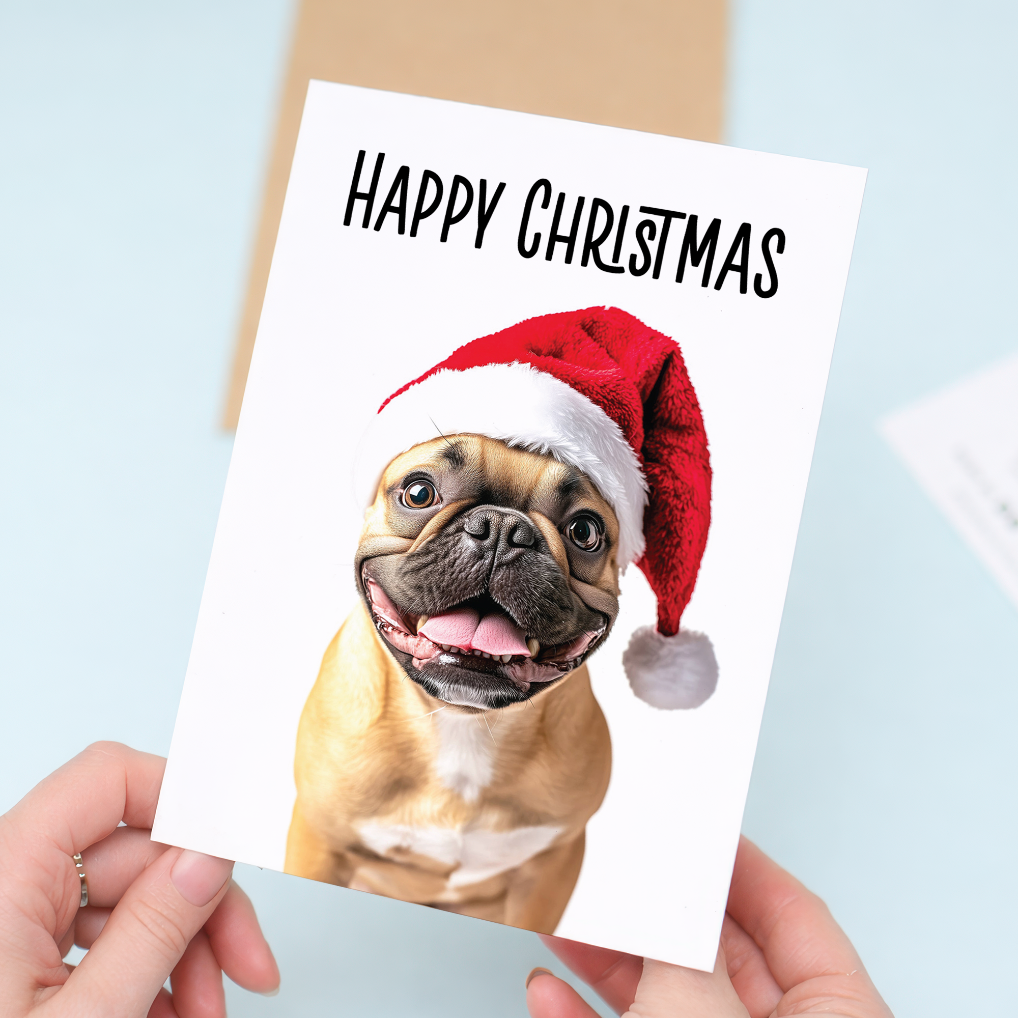 Whimsical French Bulldog Christmas Card wearing a Santa Hat, Eco-Friendly Material, For Him or Her