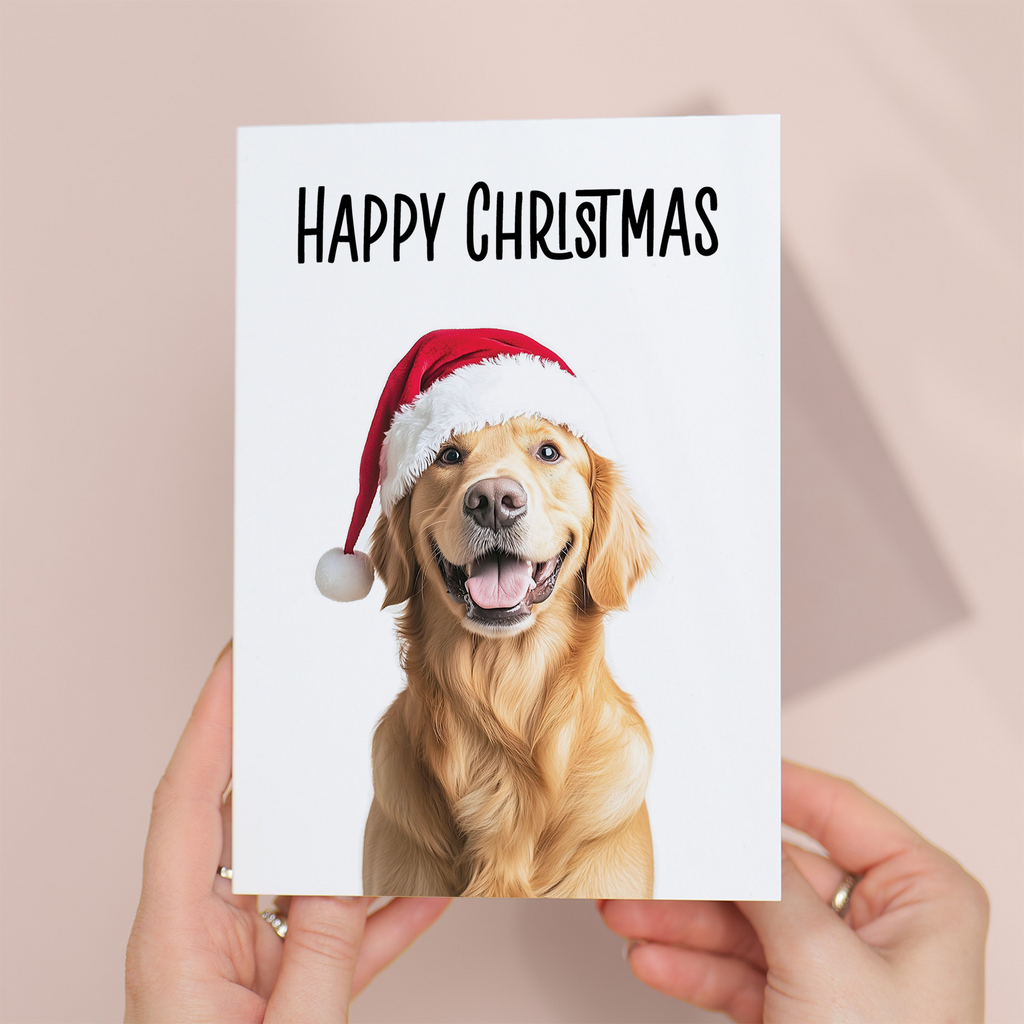 Whimsical Golden Retriever Dog Wearing a Santa Hat Christmas Card, Eco-Friendly Material, For Him or Her