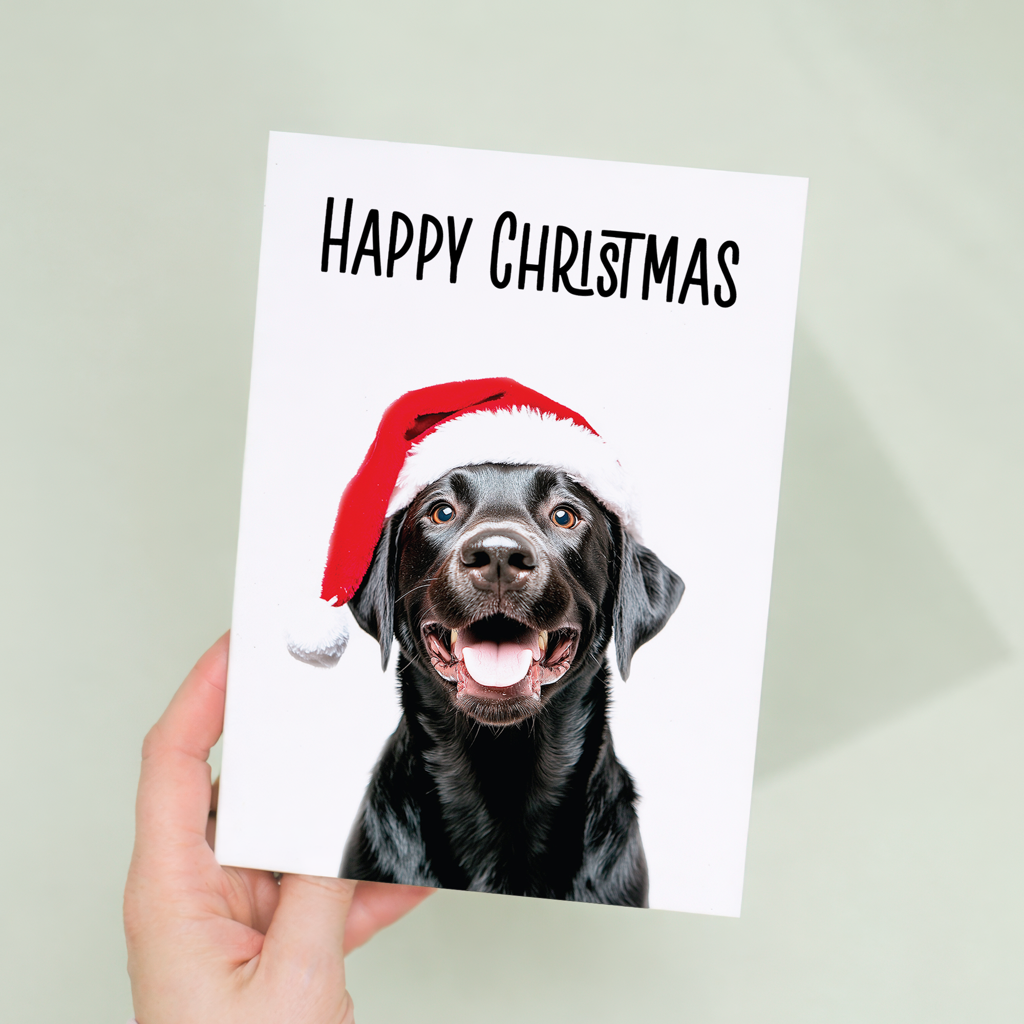 Whimsical Black Labrador Dog Wearing a Santa Hat Christmas Card, Eco-Friendly Material, For Him or Her